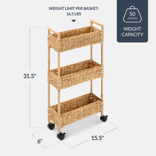 3-Tier Slim Rolling Nursery Caddy w/Wheels Handwoven Utility Cart