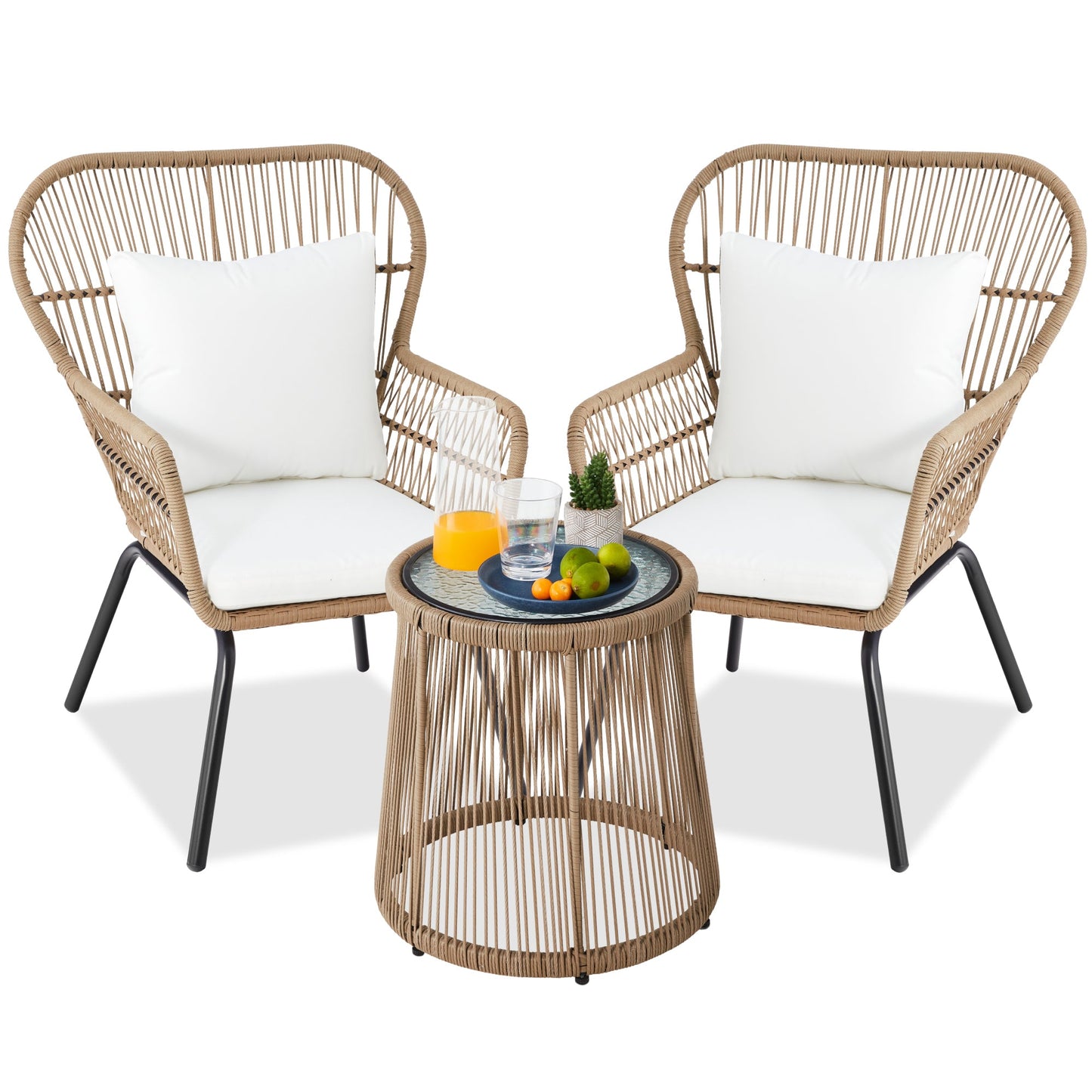 3-Piece Patio Wicker Conversation Bistro Set w/ 2 Chairs Glass Top Table