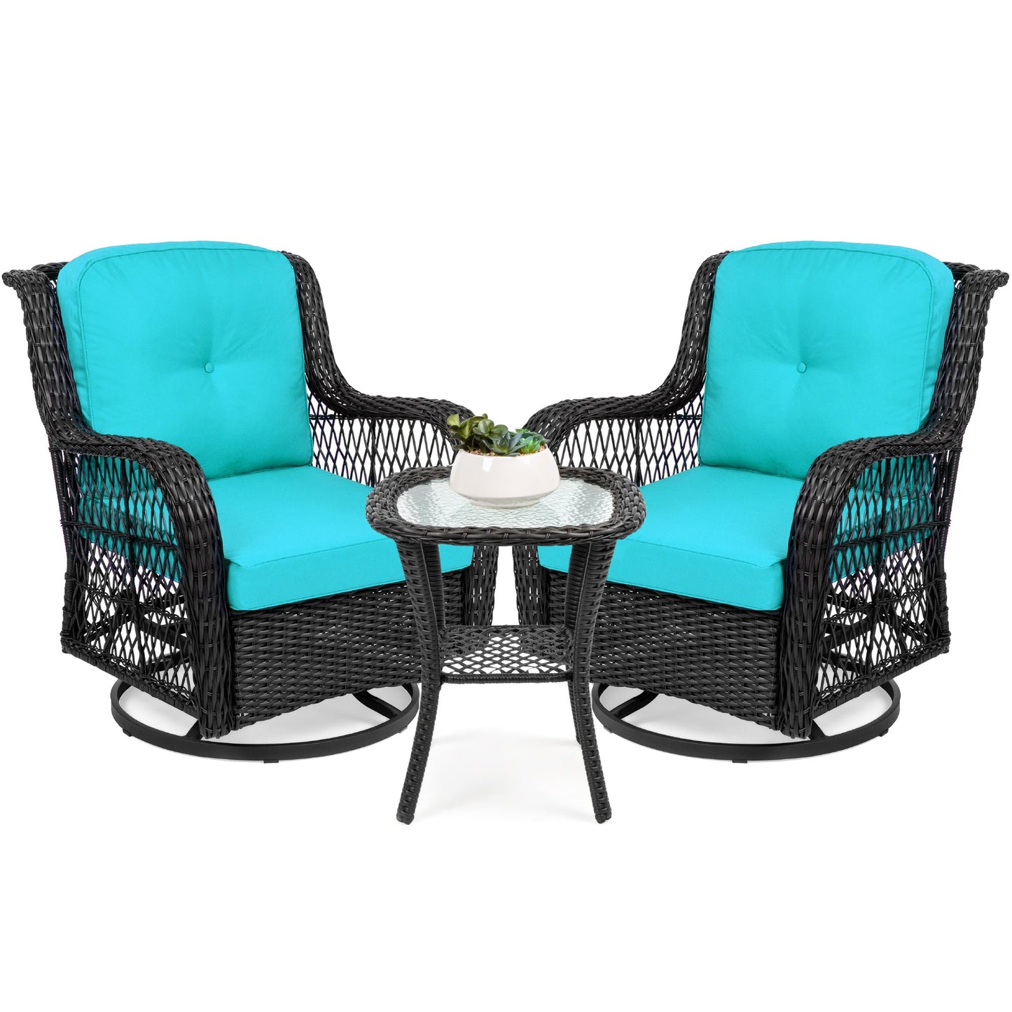 3-Piece Patio Wicker Bistro Furniture Set w/ 2 Swivel Rocking Chairs Table