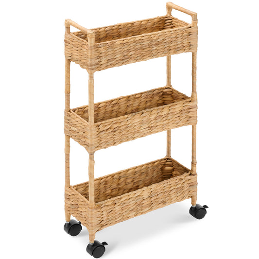 3-Tier Slim Rolling Nursery Caddy w/Wheels Handwoven Utility Cart
