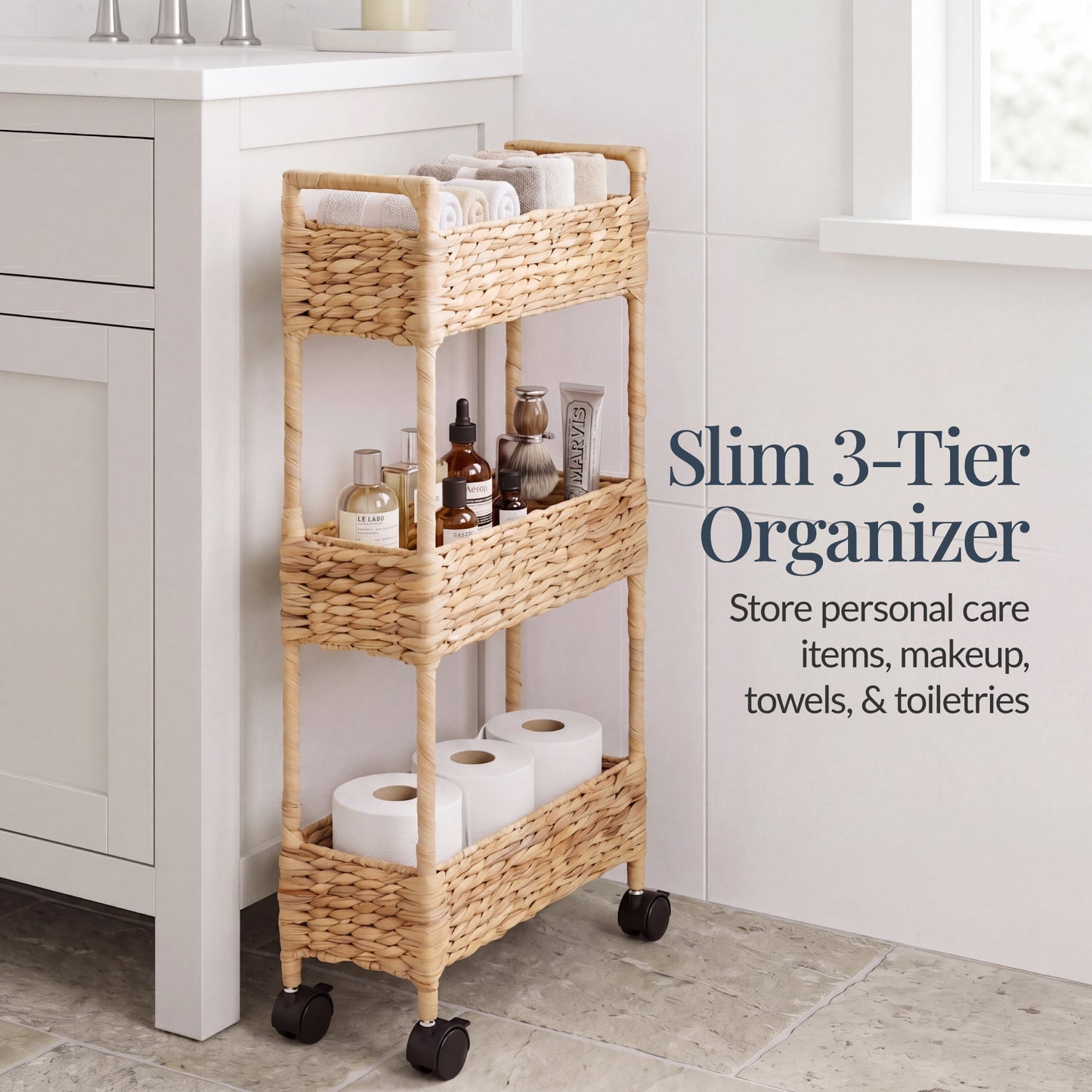3-Tier Slim Rolling Nursery Caddy w/Wheels Handwoven Utility Cart