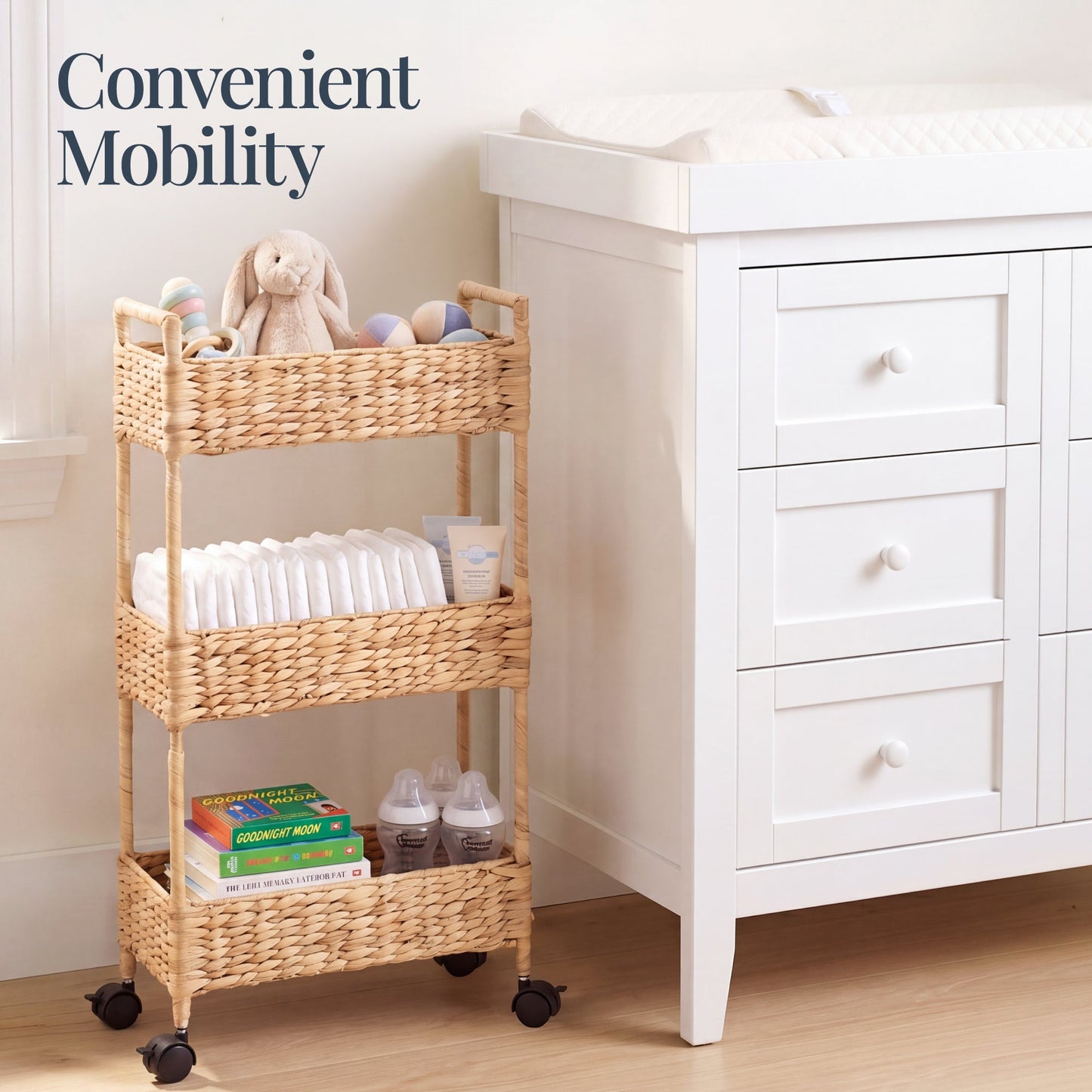 3-Tier Slim Rolling Nursery Caddy w/Wheels Handwoven Utility Cart