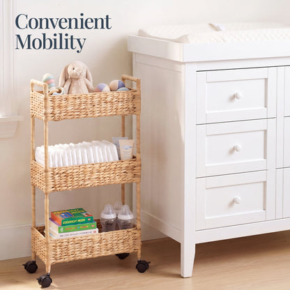 3-Tier Slim Rolling Nursery Caddy w/Wheels Handwoven Utility Cart