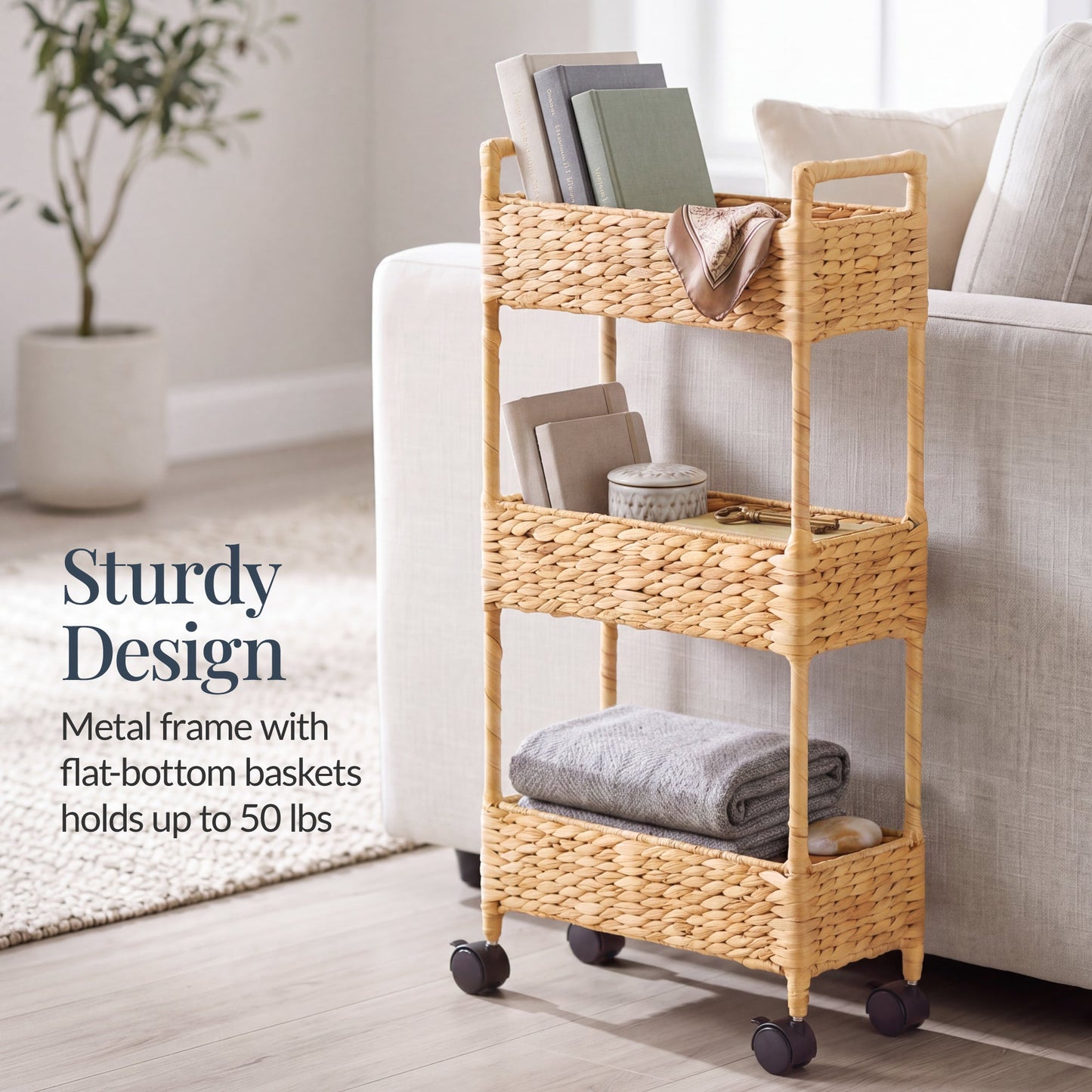 3-Tier Slim Rolling Nursery Caddy w/Wheels Handwoven Utility Cart