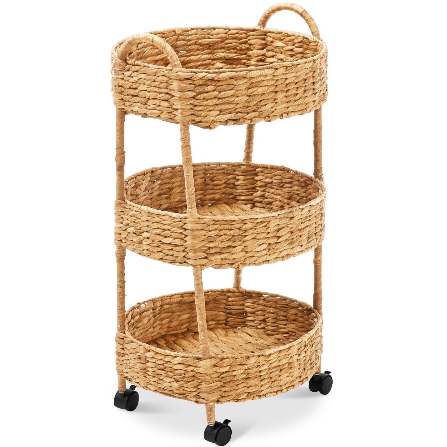 3-Tier Round Rolling Nursery Caddy w/Wheels Handwoven Utility Cart
