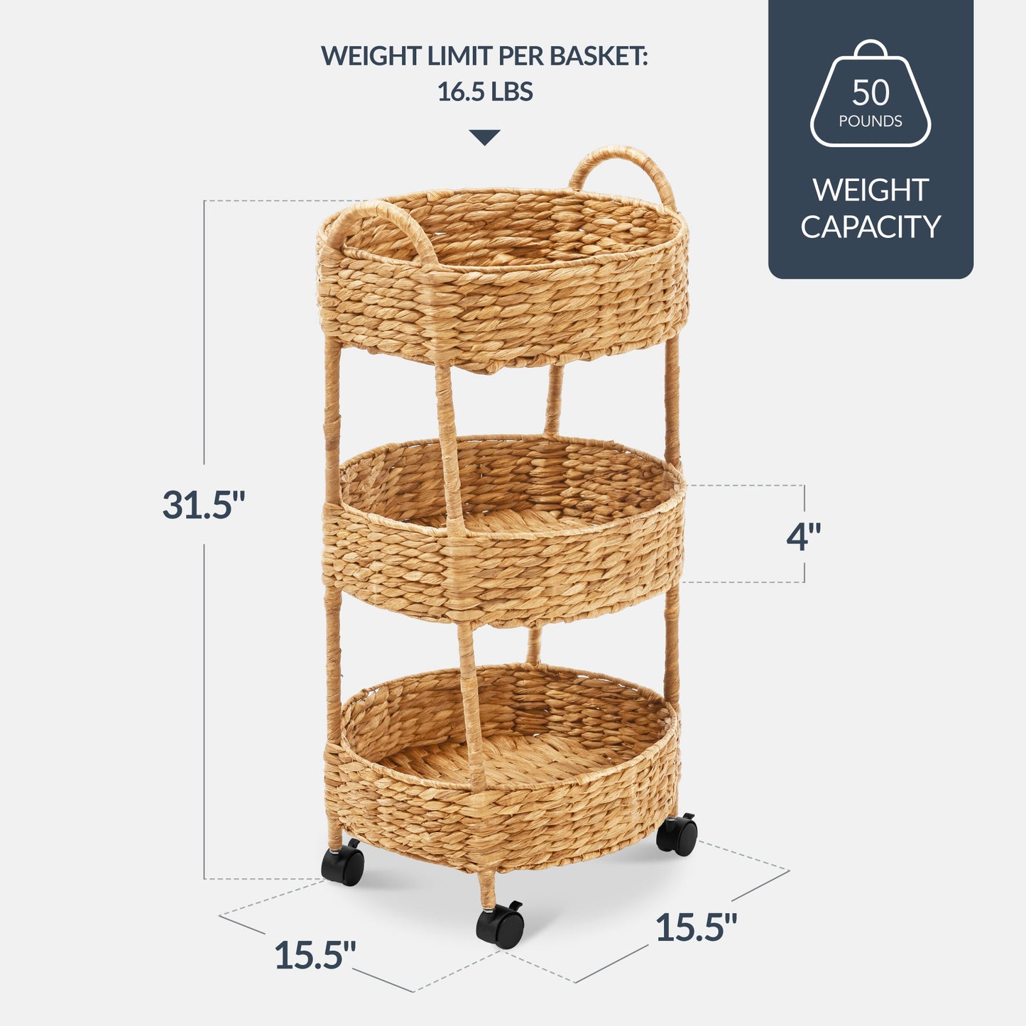 3-Tier Round Rolling Nursery Caddy w/Wheels Handwoven Utility Cart
