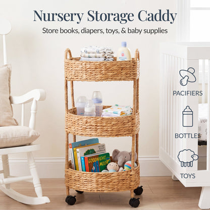 3-Tier Round Rolling Nursery Caddy w/Wheels Handwoven Utility Cart