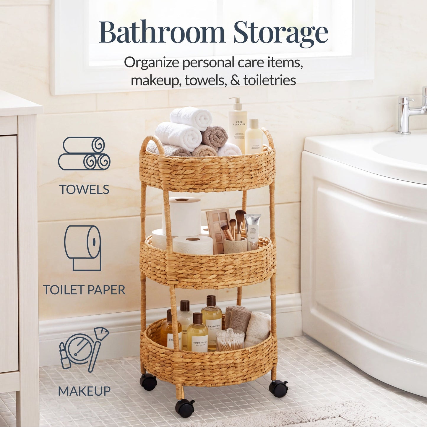 3-Tier Round Rolling Nursery Caddy w/Wheels Handwoven Utility Cart