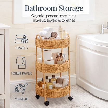 3-Tier Round Rolling Nursery Caddy w/Wheels Handwoven Utility Cart