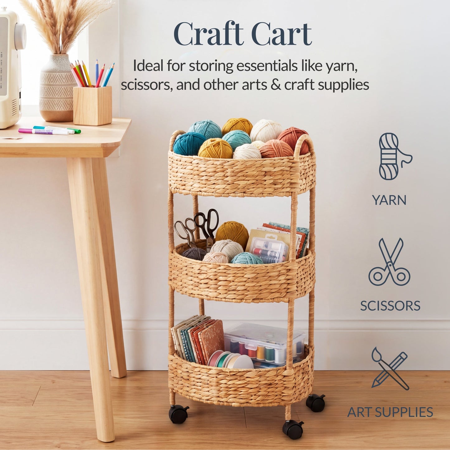 3-Tier Round Rolling Nursery Caddy w/Wheels Handwoven Utility Cart