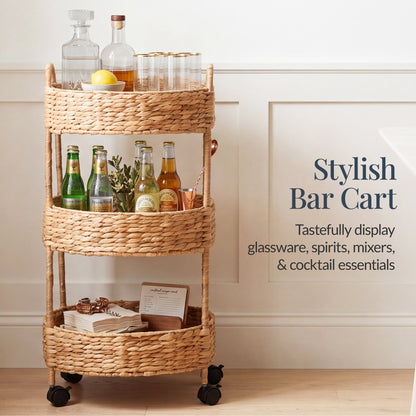 3-Tier Round Rolling Nursery Caddy w/Wheels Handwoven Utility Cart
