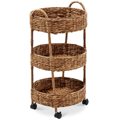 3-Tier Round Rolling Nursery Caddy w/Wheels Handwoven Utility Cart