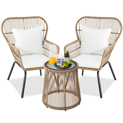 3-Piece Patio Wicker Conversation Bistro Set w/ 2 Chairs Glass Top Table