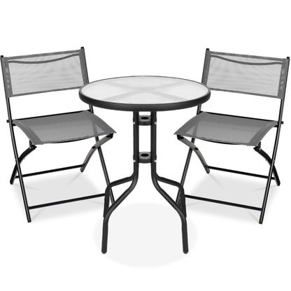 3-Piece Bistro Set w/ Glass Table 2 Foldable Chairs