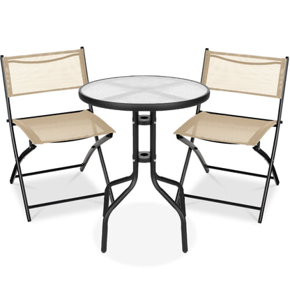 3-Piece Bistro Set w/ Glass Table 2 Foldable Chairs