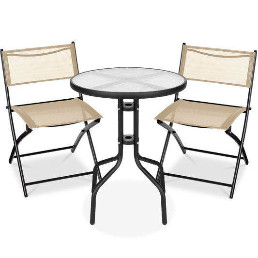 3-Piece Bistro Set w/ Glass Table 2 Foldable Chairs
