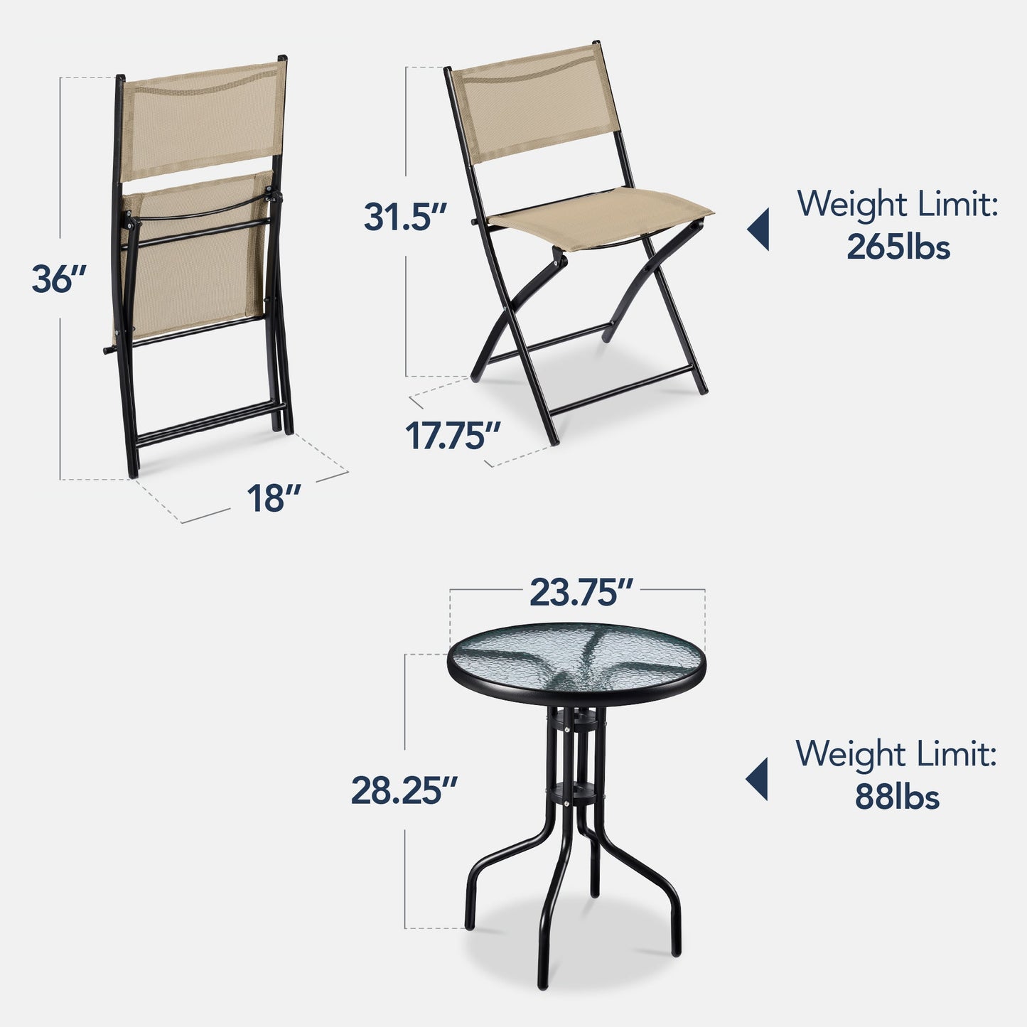 3-Piece Bistro Set w/ Glass Table 2 Foldable Chairs