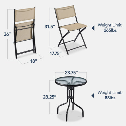 3-Piece Bistro Set w/ Glass Table 2 Foldable Chairs