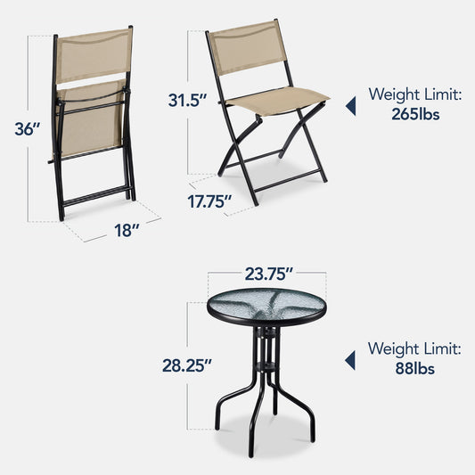 3-Piece Bistro Set w/ Glass Table 2 Foldable Chairs