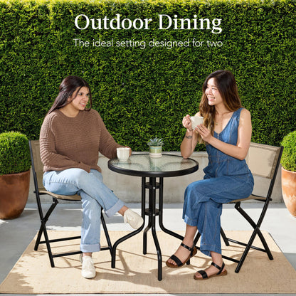 3-Piece Bistro Set w/ Glass Table 2 Foldable Chairs