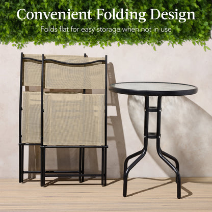 3-Piece Bistro Set w/ Glass Table 2 Foldable Chairs