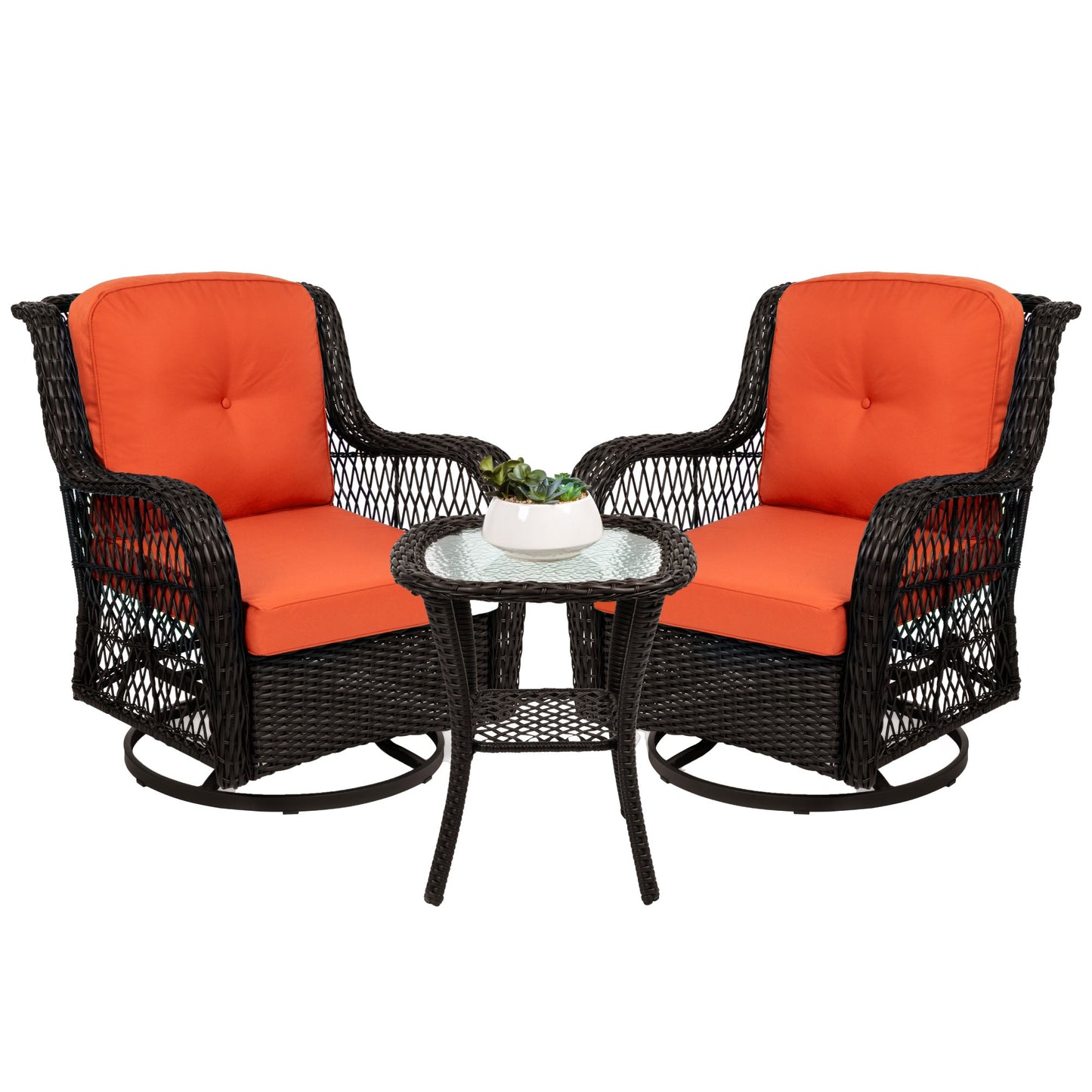 3-Piece Patio Wicker Bistro Furniture Set w/ 2 Swivel Rocking Chairs Table