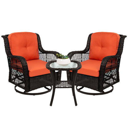 3-Piece Patio Wicker Bistro Furniture Set w/ 2 Swivel Rocking Chairs Table
