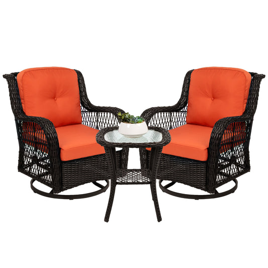 3-Piece Patio Wicker Bistro Furniture Set w/ 2 Swivel Rocking Chairs Table