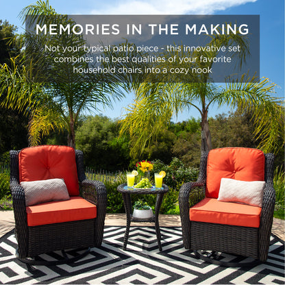 3-Piece Patio Wicker Bistro Furniture Set w/ 2 Swivel Rocking Chairs Table