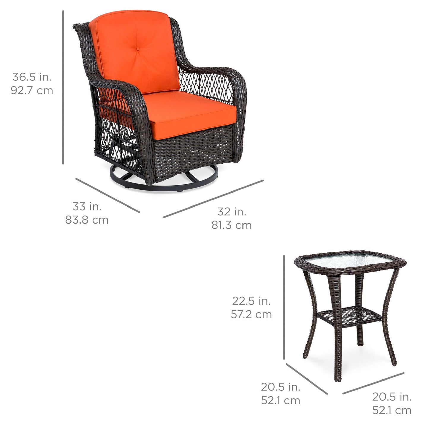 3-Piece Patio Wicker Bistro Furniture Set w/ 2 Swivel Rocking Chairs Table