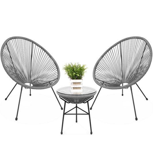 3-Piece All-Weather Patio Acapulco Bistro Set w/ Rope Glass Top Table