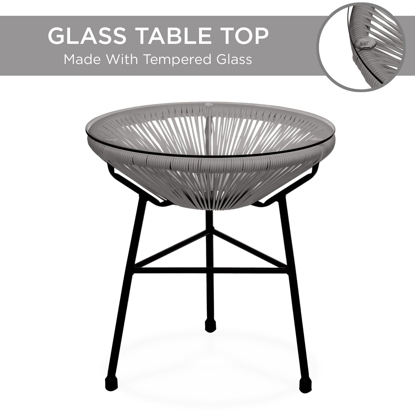 3-Piece All-Weather Patio Acapulco Bistro Set w/ Rope Glass Top Table
