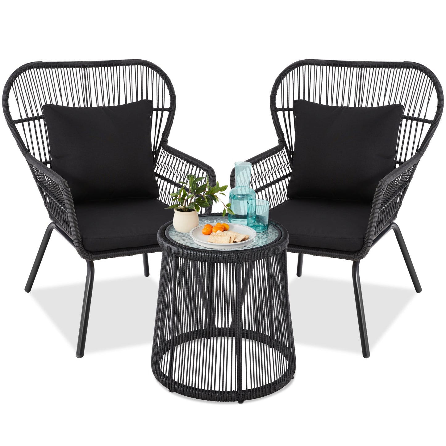 3-Piece Patio Wicker Conversation Bistro Set w/ 2 Chairs Glass Top Table