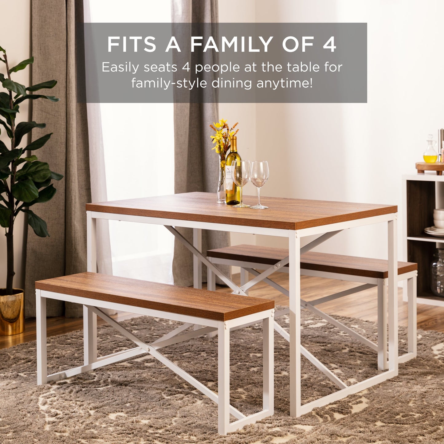 3-Piece Bench Style Dining Furniture Set w/ 2 Benches Table - 45.5in