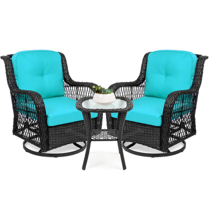 3-Piece Patio Wicker Bistro Furniture Set w/ 2 Swivel Rocking Chairs Table
