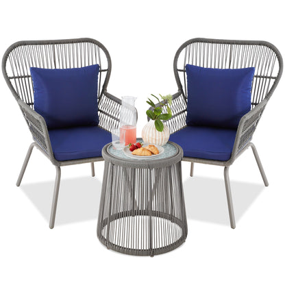 3-Piece Patio Wicker Conversation Bistro Set w/ 2 Chairs Glass Top Table