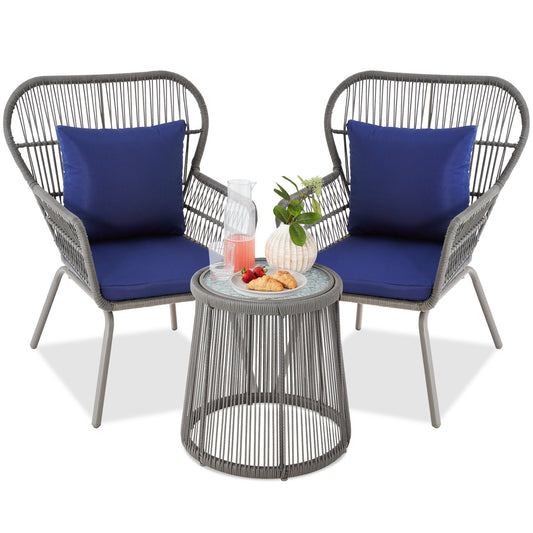 3-Piece Patio Wicker Conversation Bistro Set w/ 2 Chairs Glass Top Table