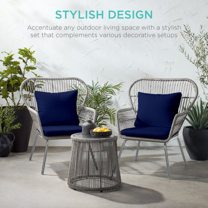 3-Piece Patio Wicker Conversation Bistro Set w/ 2 Chairs Glass Top Table