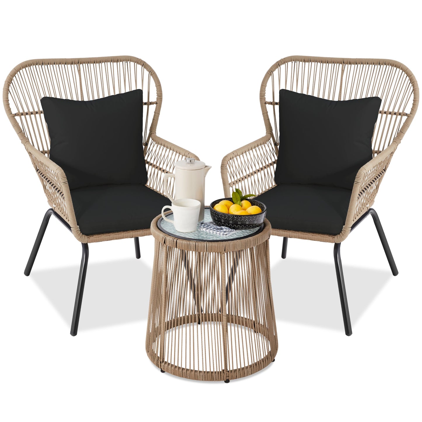 3-Piece Patio Wicker Conversation Bistro Set w/ 2 Chairs Glass Top Table