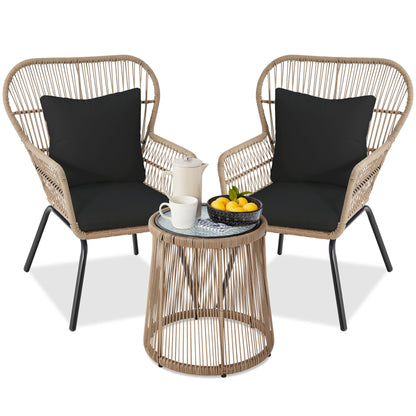 3-Piece Patio Wicker Conversation Bistro Set w/ 2 Chairs Glass Top Table