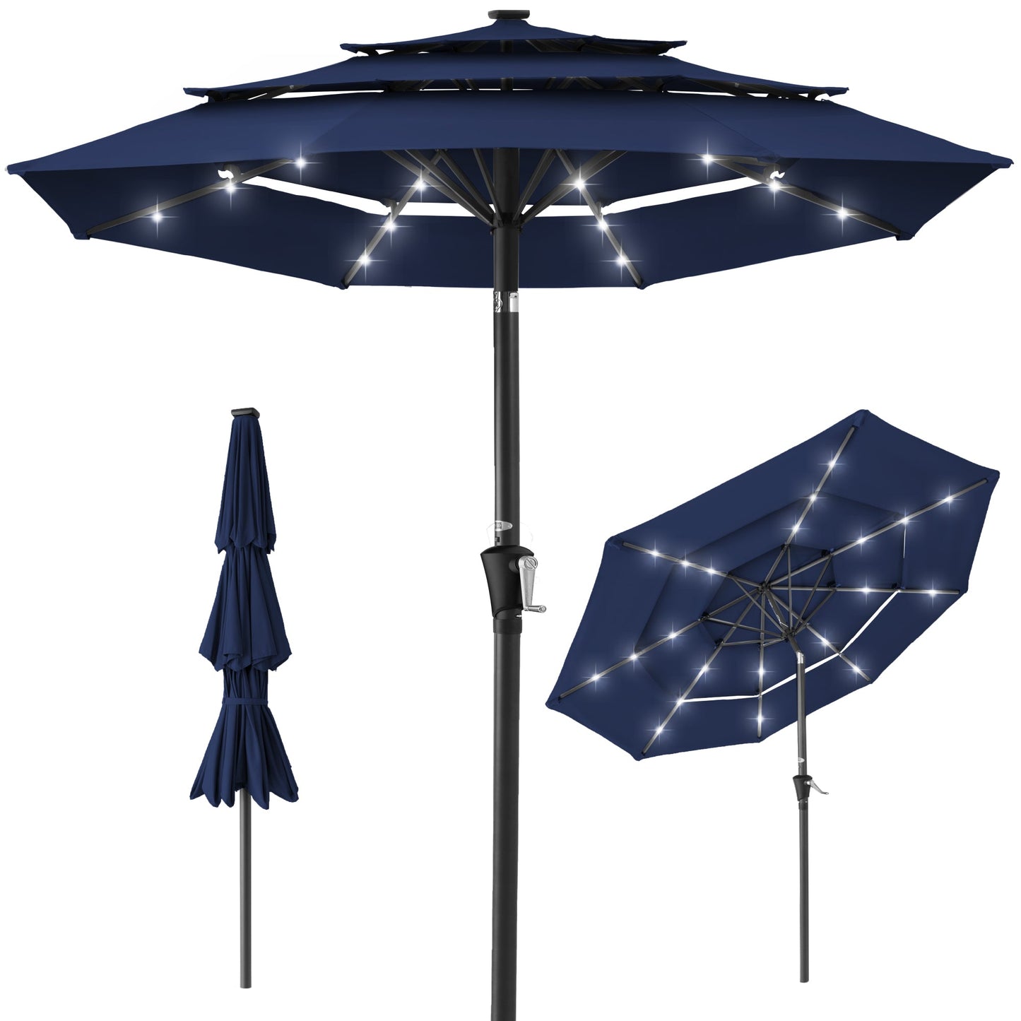 3-Tier Solar Patio Umbrella w/ LED Lights Tilt Adjustment Crank - 10ft