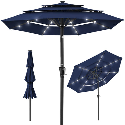 3-Tier Solar Patio Umbrella w/ LED Lights Tilt Adjustment Crank - 10ft