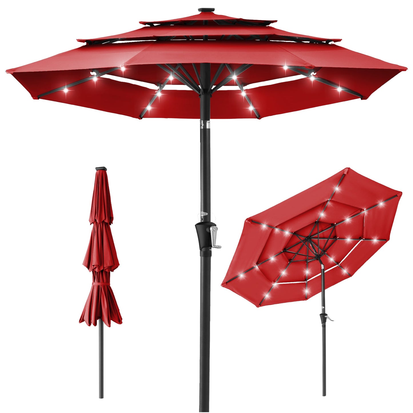 3-Tier Solar Patio Umbrella w/ LED Lights Tilt Adjustment Crank - 10ft
