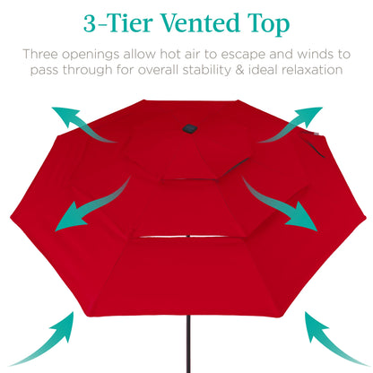 3-Tier Solar Patio Umbrella w/ LED Lights Tilt Adjustment Crank - 10ft
