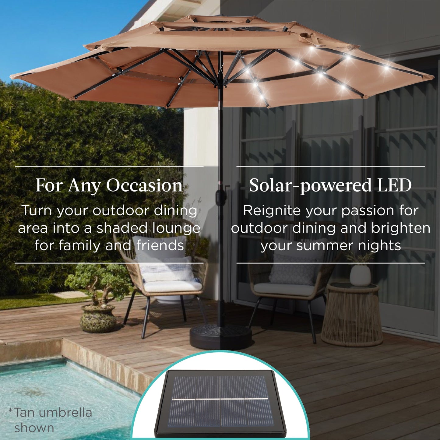 3-Tier Solar Patio Umbrella w/ LED Lights Tilt Adjustment Crank - 10ft