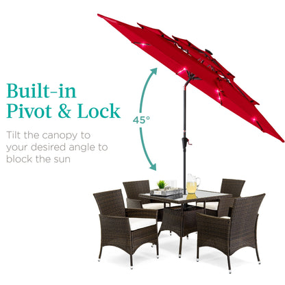 3-Tier Solar Patio Umbrella w/ LED Lights Tilt Adjustment Crank - 10ft