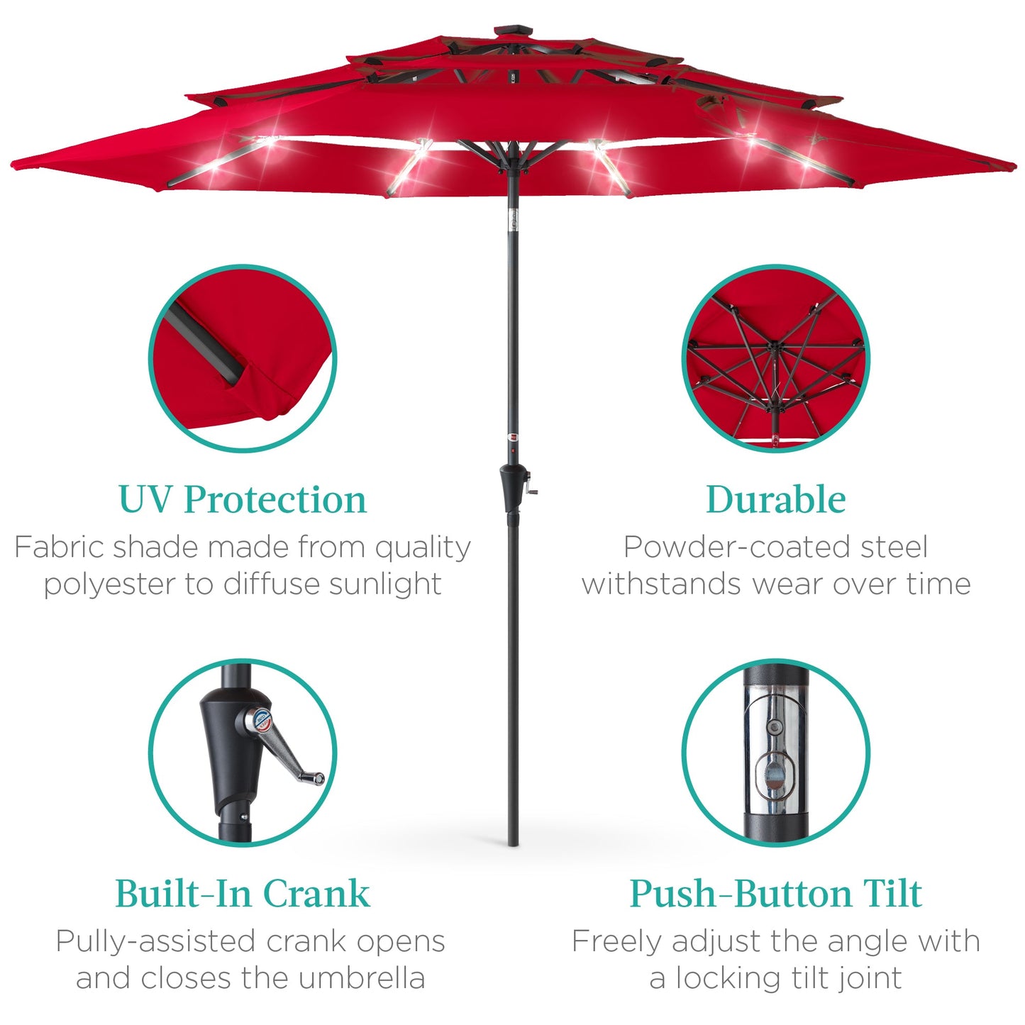 3-Tier Solar Patio Umbrella w/ LED Lights Tilt Adjustment Crank - 10ft