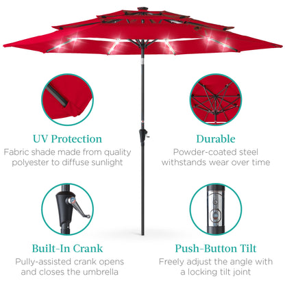 3-Tier Solar Patio Umbrella w/ LED Lights Tilt Adjustment Crank - 10ft