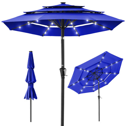 3-Tier Solar Patio Umbrella w/ LED Lights Tilt Adjustment Crank - 10ft
