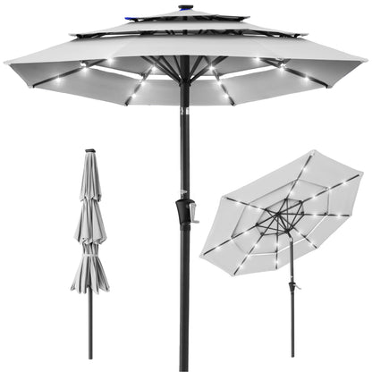 3-Tier Solar Patio Umbrella w/ LED Lights Tilt Adjustment Crank - 10ft